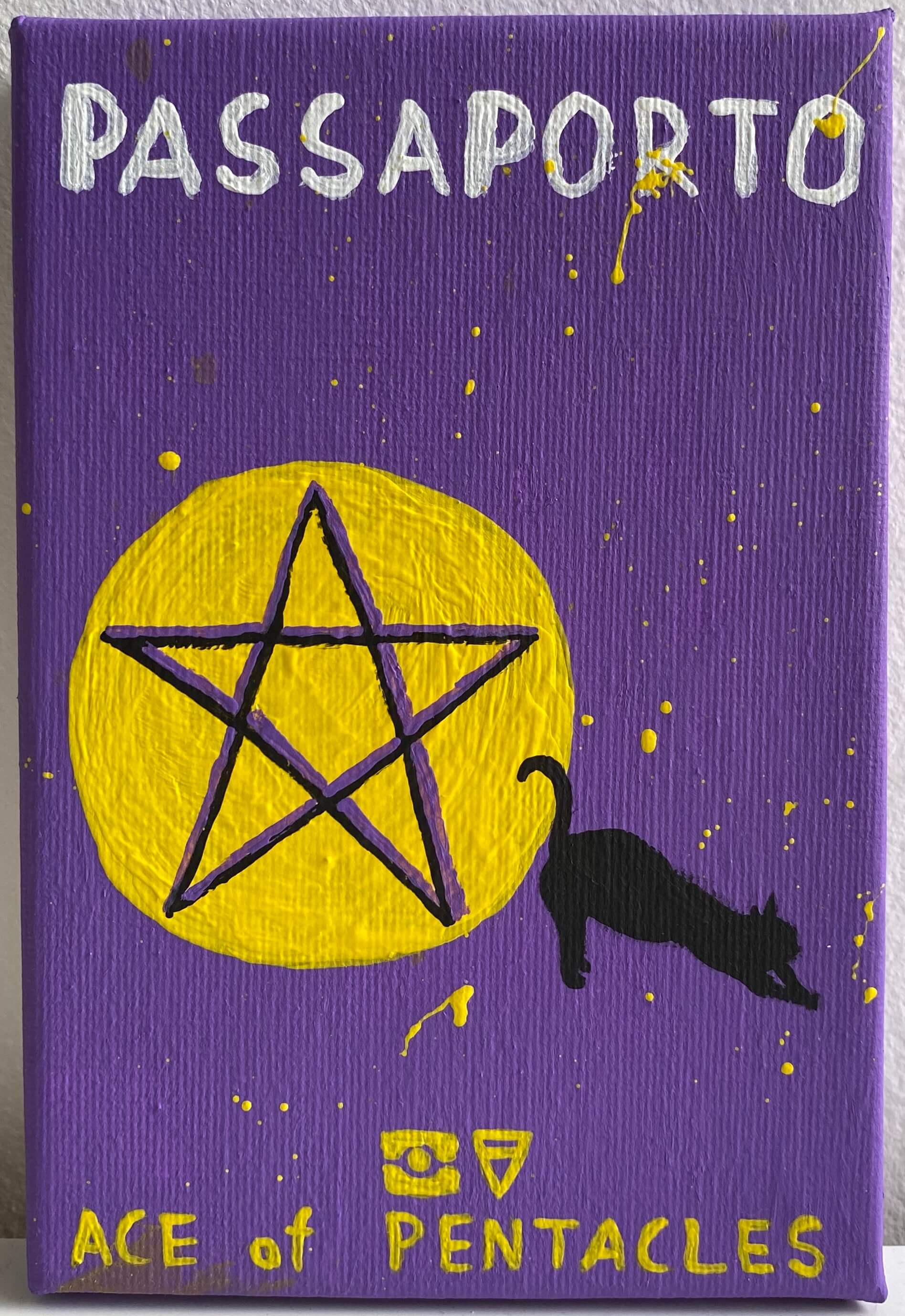 Contemporary Russian artist Colonel Royce's (Vasily Kruglov's) painting. Conceptualism, minimalism, pop art style. Colors: violet, white, black, yellow. Subject: tarot, cat, pentacle, passport, Italy, ace