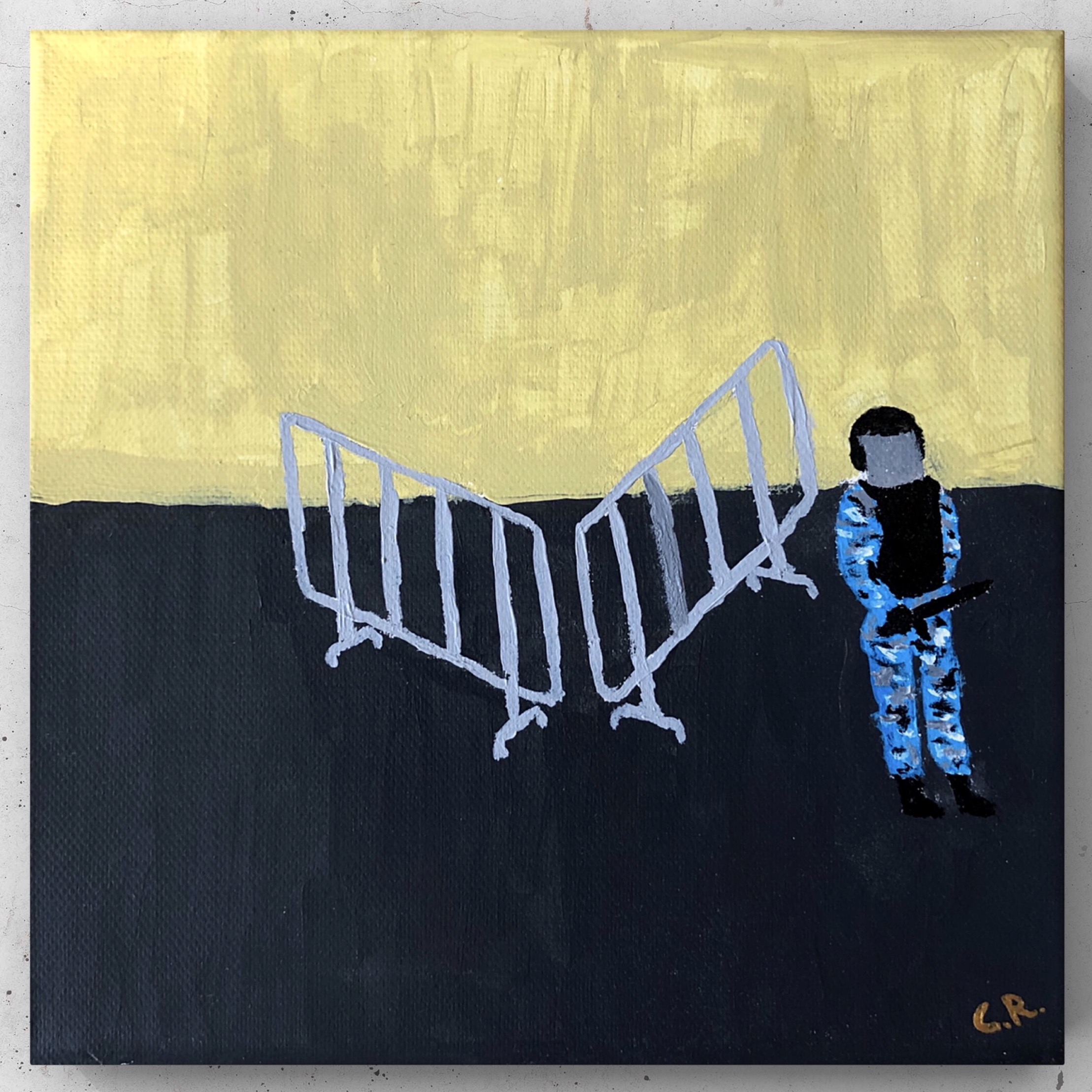 Картина современного российского художника Colonel Royce (Василий Круглов) в стиле концептуализм, поп-арт, минимализм. Цвета: жёлтый, чёрный, серый, синий. Сюжет: полицейское государство, насилие, ОМОН, протесты, коррупция, заграждения, заборы. Можно купить